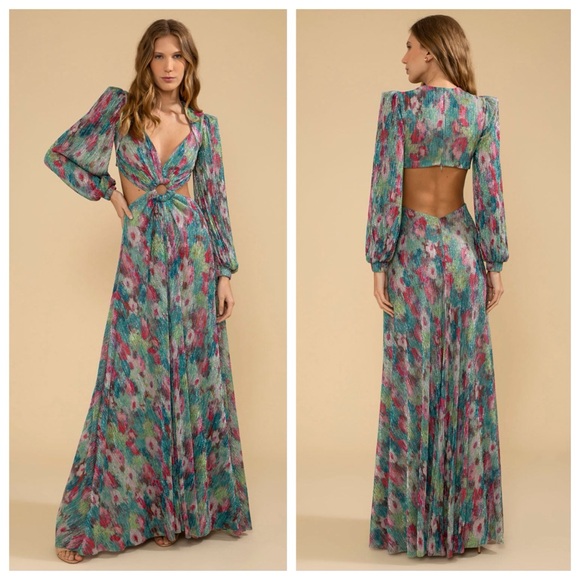 PatBO Dresses & Skirts - NEW PatBO Printed Lurex Cut-Out Maxi Dress (Sz 6) Long Sleeve Gown Green Multi
